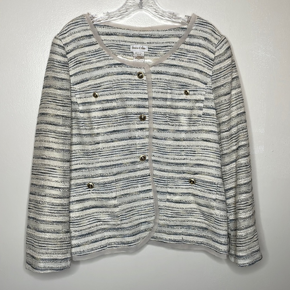 MONROE & MAIN Blazer Gray & Cream Tweed Crested Buttons Single Breasted 16